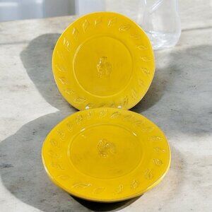 Home Hand Painted Yellow‎ Rooster Chicken Plate Dish Set 2 Round Primitive Style